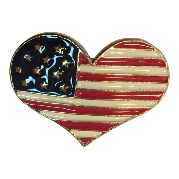 VINTAGE KC Gold Tone & Enamel Heart Flag Brooch Pin 1 3/4" Kenneth Cole - Picture 2 of 9